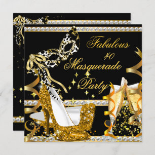 Masquerade Fabulous 40 Woman's Gold High Heel Mask Invitation