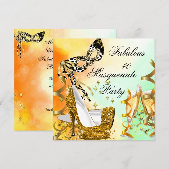 Masquerade Fabulous 40 Woman's Gold High Heels 3 Invitation (Front/Back)