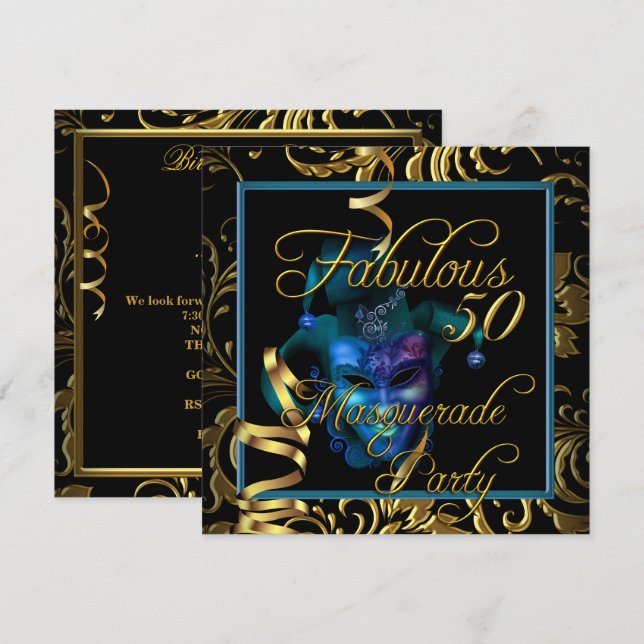Masquerade Fabulous 50 Gold Blue Birthday Party Invitation (Front/Back)