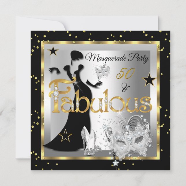Masquerade Fabulous 50 Party Gold Silver Black Invitation (Front)