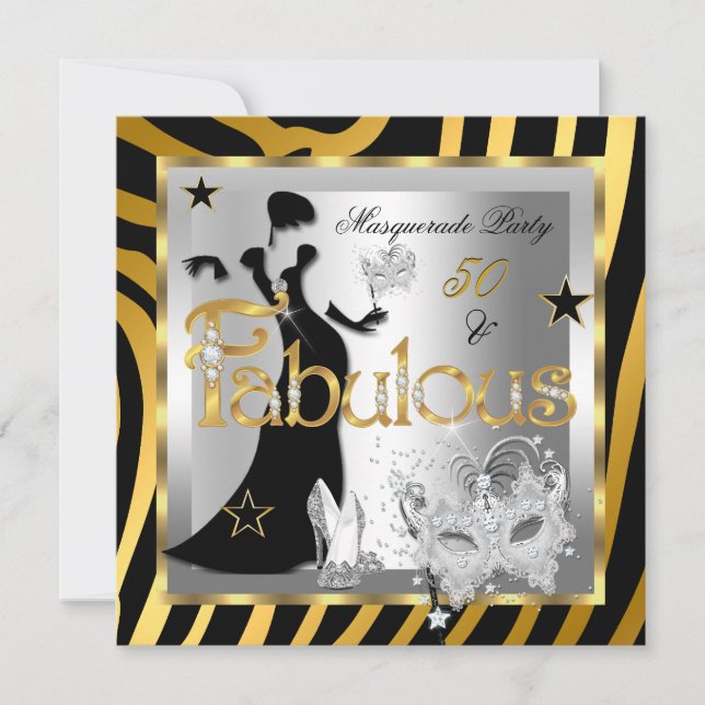 Masquerade Fabulous 50 Zebra Gold Silver Black Invitation (Front)