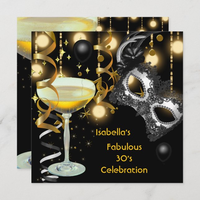 Masquerade Fabulous Mask Gold Lights Black Party Invitation (Front/Back)