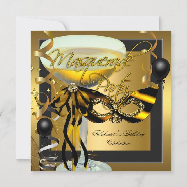 Masquerade Fabulous Zebra Mask Gold Birthday Invitation (Front)