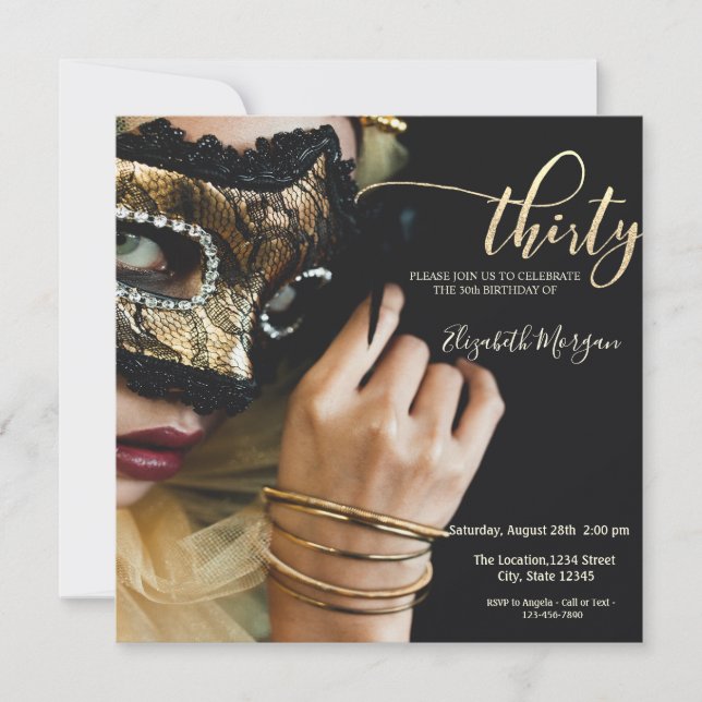 Masquerade Girl Masque Black 30th Birthday  Invitation (Front)