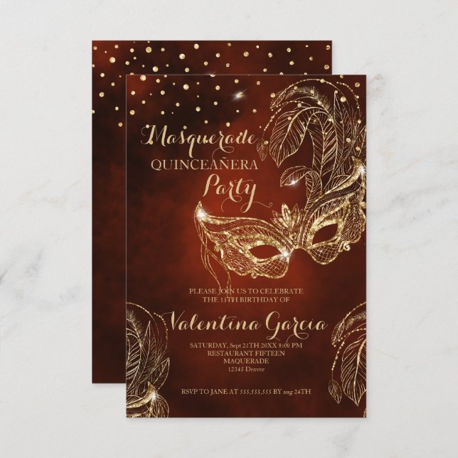 Masquerade glitter quinceanera mask invite red (Front/Back)