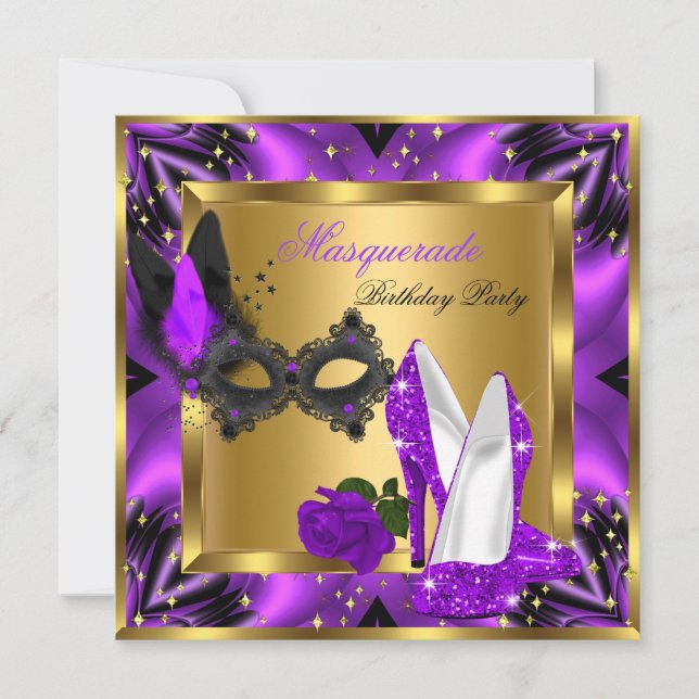 Masquerade Gold Abstract Purple Magenta High Heel Invitation (Front)