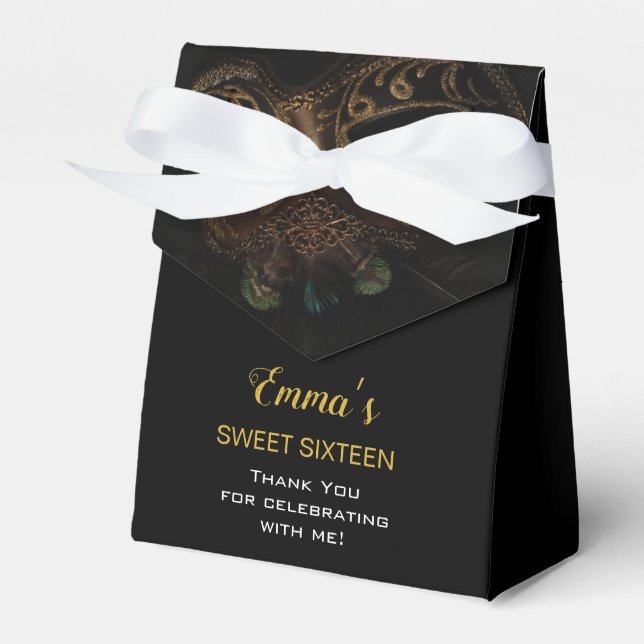 Masquerade Gold Black Sweet 16 Birthday Thank You Favour Box (Front Side)
