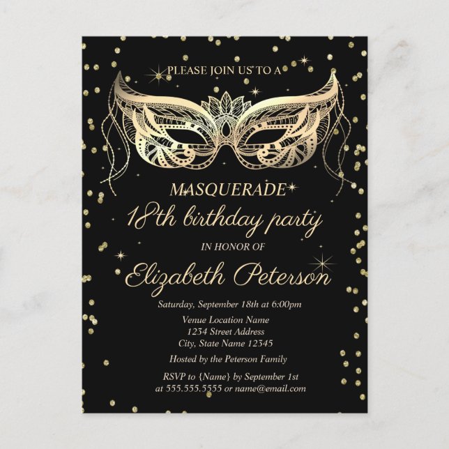 Masquerade Gold Diamonds 18th Birthday Invitation Postcard (Front)