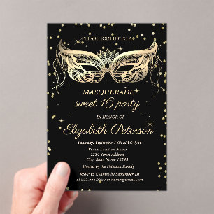 Masquerade Gold Diamonds Black Sweet 16 Acrylic Invitations