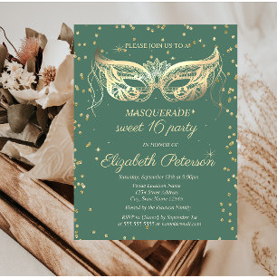 Masquerade Gold Diamonds Green Sweet 16 Invitation Postcard