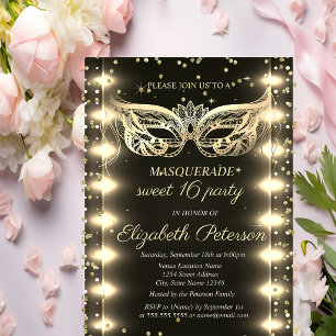 Masquerade Gold Diamonds Lights Sweet 16  Invitation Postcard