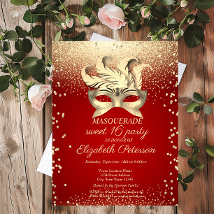 Masquerade Gold Diamonds,Masque,Red Sweet 16 Invitation Postcard