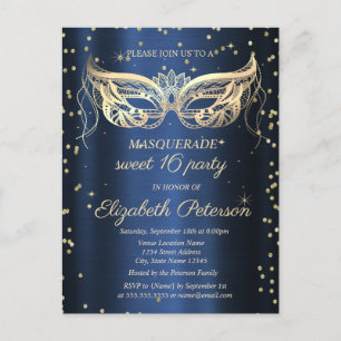 Masquerade Gold Diamonds Navy Blue Sweet 16  Invitation Postcard