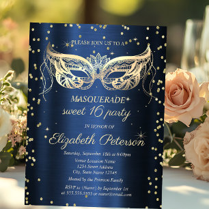 Masquerade Gold Diamonds Navy Blue Sweet 16 Invitation Postcard