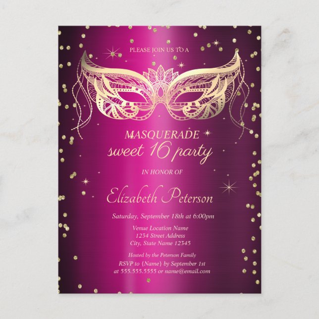 Masquerade Gold Diamonds Purple Metallic Sweet 16  Invitation Postcard (Front)