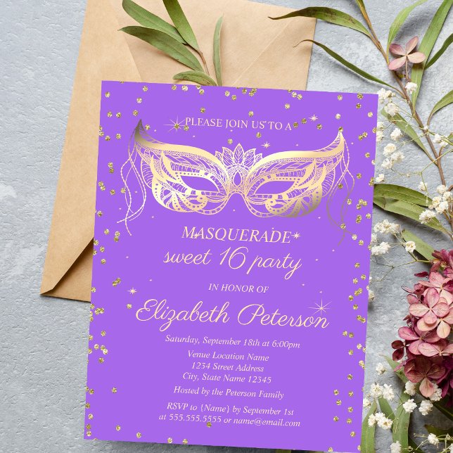Masquerade Gold Diamonds Violet Sweet 16  Invitation Postcard (Creator Uploaded)