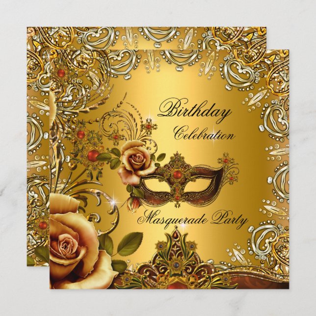 Masquerade Gold Mask Birthday Party Invitation (Front/Back)