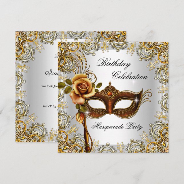 Masquerade Gold Mask Birthday Party Invitation (Front/Back)