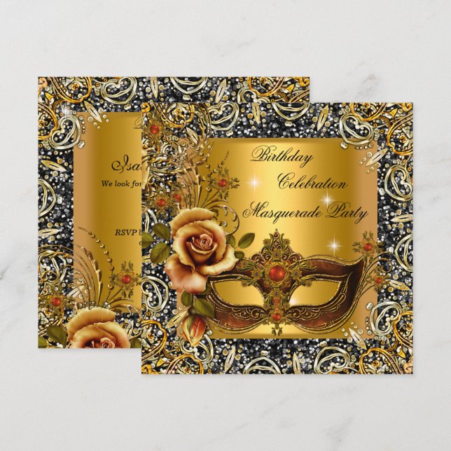 Masquerade Gold Mask Glitter Black Birthday Party Invitation (Front/Back)