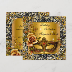 Masquerade Gold Mask Glitter Black Birthday Party Invitation