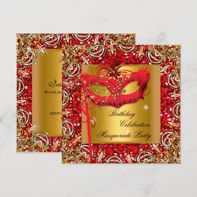 Masquerade Gold Mask Glitter Red Birthday Party 2 Invitation (Front/Back)