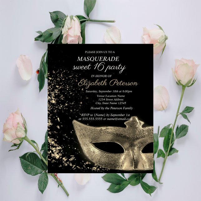 Masquerade Gold Masque Black Sweet 16 Invitation Postcard (Creator Uploaded)
