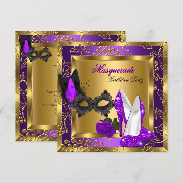 Masquerade Gold Purple Black Glitter High Heels Invitation (Front/Back)