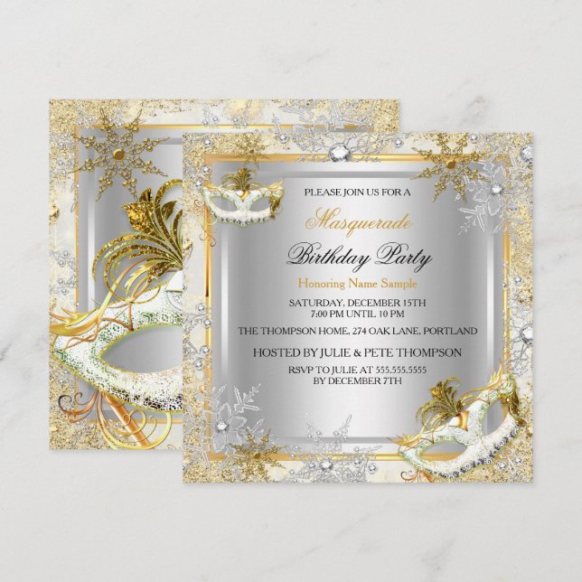 Masquerade Gold Silver Snowflakes Masks Party 2 Invitation (Front/Back)