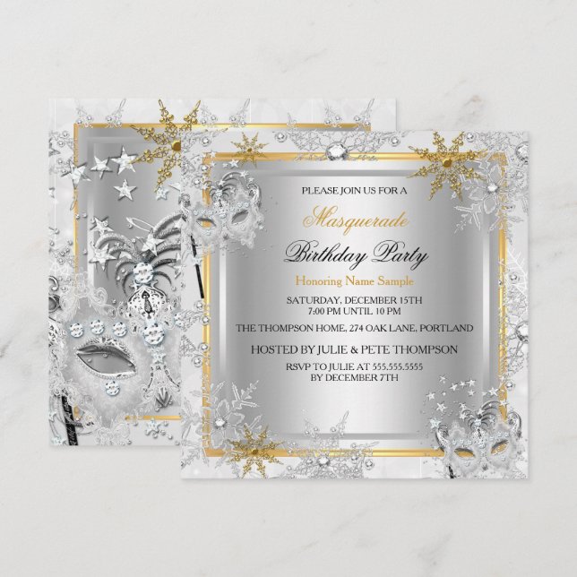 Masquerade Gold Snowflakes Silver Masks Party 2 Invitation (Front/Back)