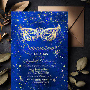 Masquerade,Gold Stars Blue Quinceañera  Invitation