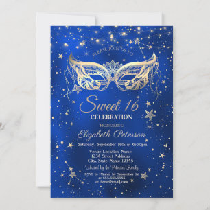 Masquerade,Gold Stars Blue Sweet 16 Invitation
