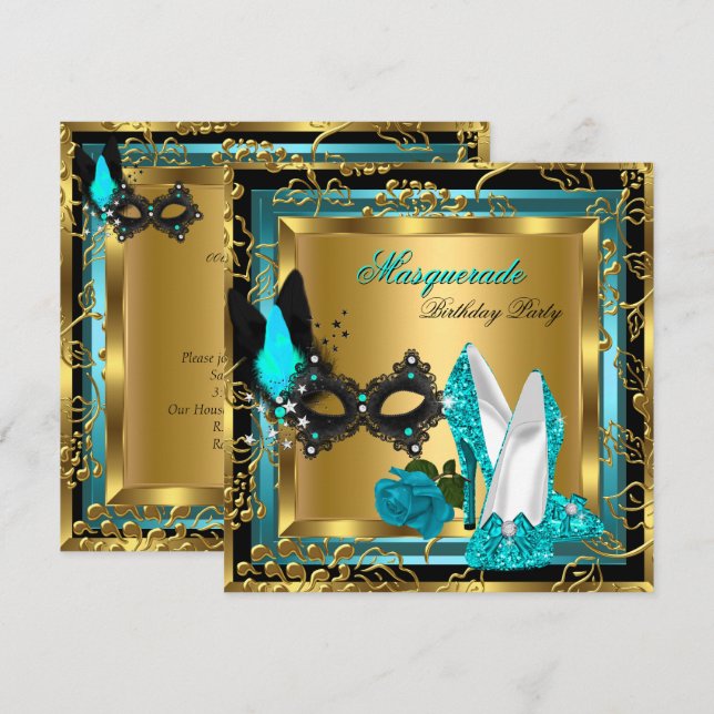 Masquerade Gold Teal Black Glitter High Heels Mask Invitation (Front/Back)
