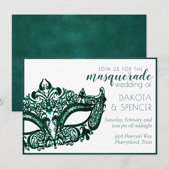 Masquerade Green | Dark Emerald Mardi Gras Wedding Invitation (Front/Back)
