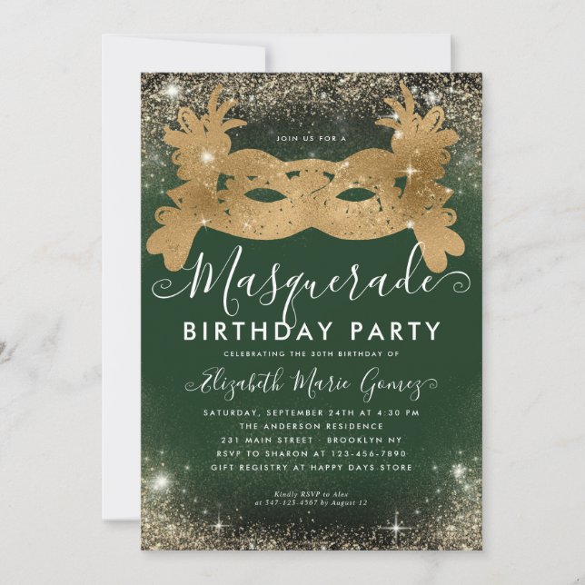Masquerade Green Gold Glitter Dust Birthday Party Invitation (Front)
