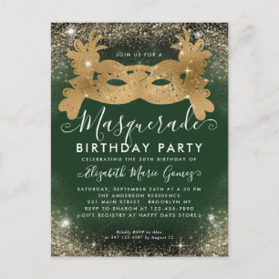 Masquerade Green Gold Glitter Dust Birthday Party Postcard