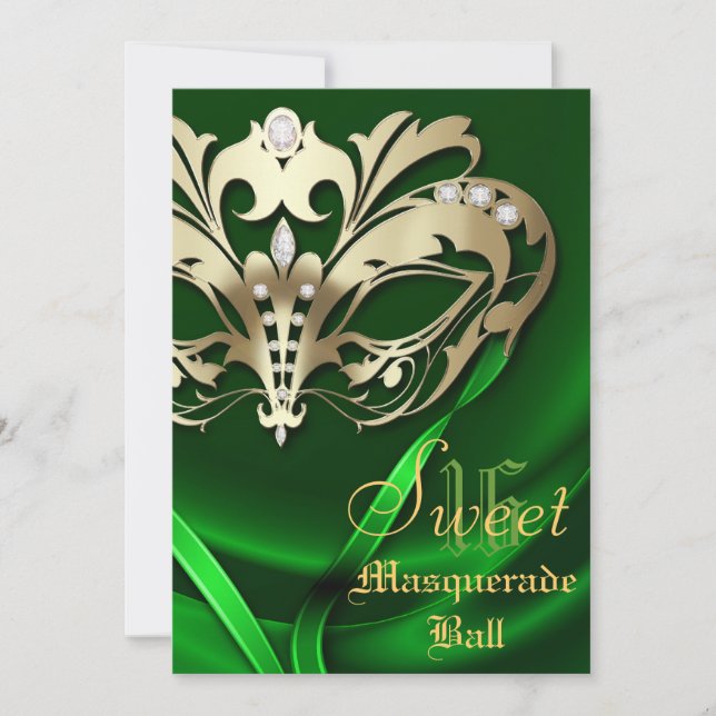 Masquerade Green Jewelled Sweet 16 Invitation (Front)