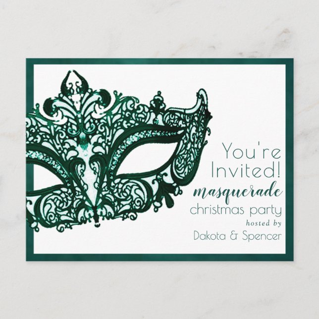 Masquerade Green Mask | Mardi Gras Christmas Party Invitation Postcard (Front)