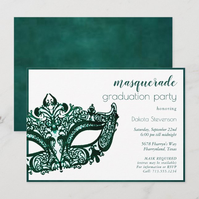 Masquerade Green Mask | Vibrant Emerald Graduation Invitation (Front/Back)