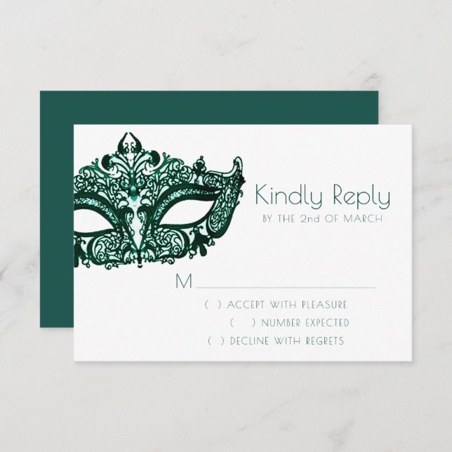Masquerade Green Mask | Vibrant Emerald Mardi Gras RSVP Card (Front/Back)