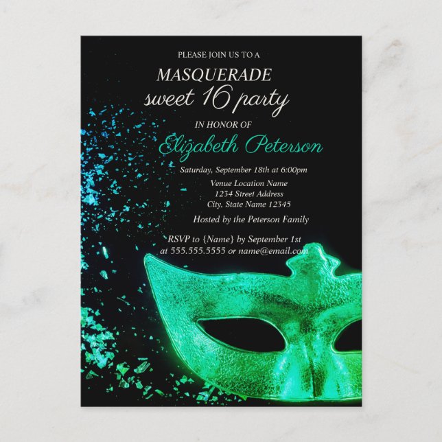 Masquerade Green Masque Black Sweet 16  Invitation Postcard (Front)