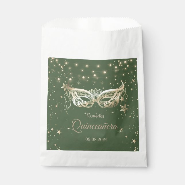 Masquerade, Green Stars Quinceañera  Favour Bags (Front)