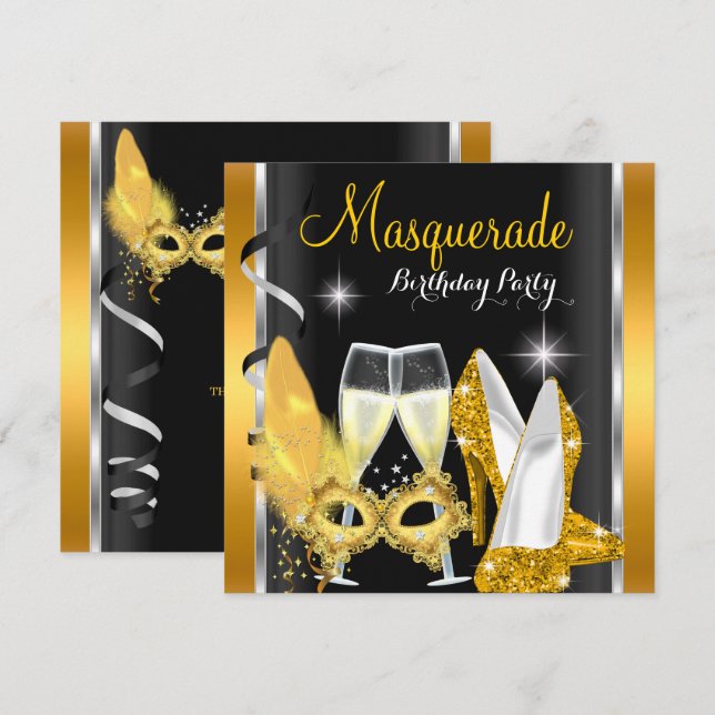 Masquerade Hi Heels Gold Black Champagne Party 2d Invitation (Front/Back)