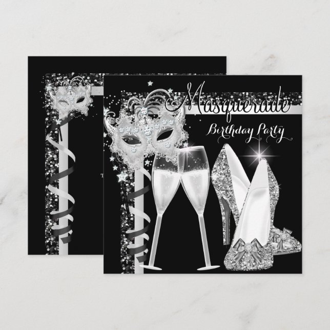 Masquerade Hi Heels Silver Black Champagne Party 2 Invitation (Front/Back)