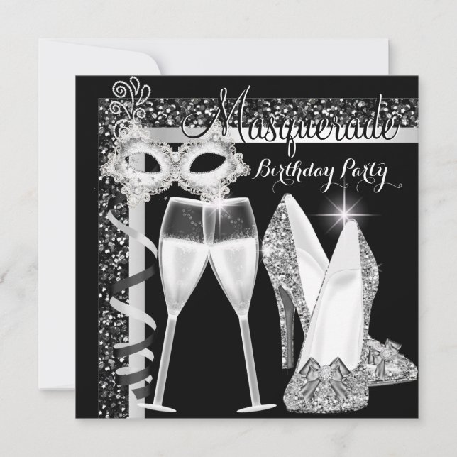 Masquerade Hi Heels Silver Black Champagne Party Invitation (Front)