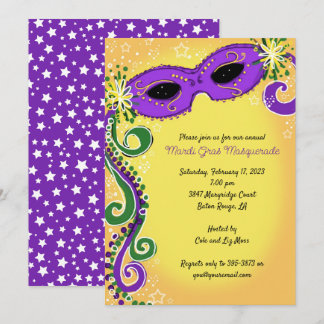 Masquerade Invitations: Purple Yellow Mardi Gras Invitation