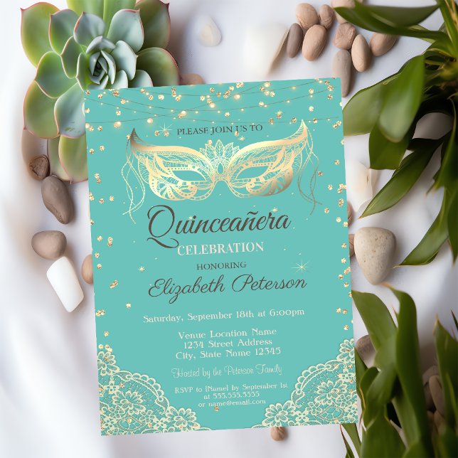 Masquerade, Lace, Diamonds Mint Green Quinceañera  Invitation (Creator Uploaded)