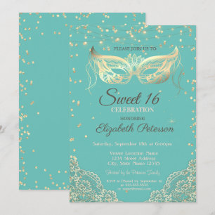 Masquerade, Lace, Diamonds Mint Green Sweet 16 Invitation