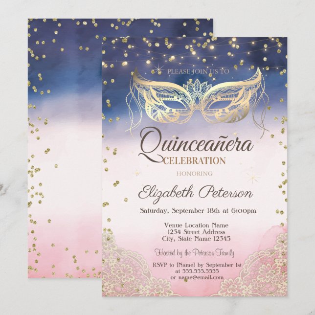 Masquerade, Lace, Diamonds Ombre Quinceañera Invitation (Front/Back)