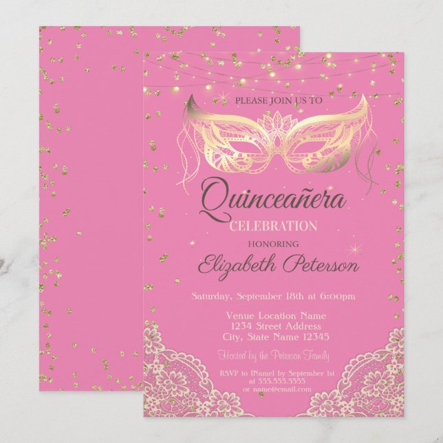 Masquerade, Lace, Diamonds Pink Quinceañera Invitation (Front/Back)