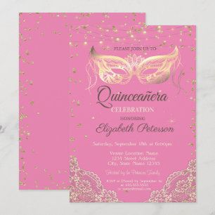 Masquerade, Lace, Diamonds Pink Quinceañera Invitation